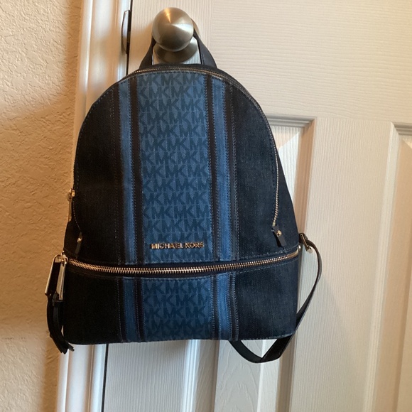 Michael Kors Rhea Signature Denim Backpack Blue Mono MK Logo Bag - Picture 1 of 7